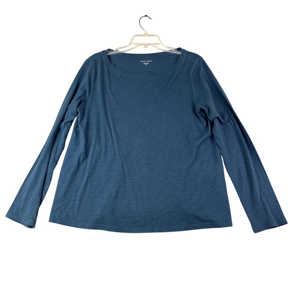 Eileen Fisher M Teal Blue Knit Boat Neck Long Sleeve Top Minimalist Casual